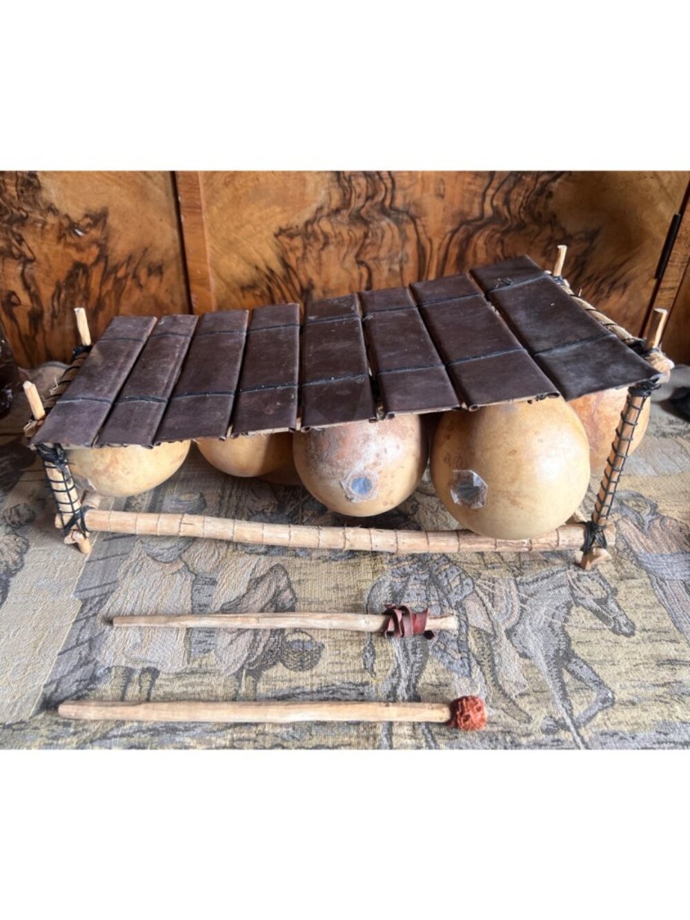 African Gourd Resonator Metallophone Metal Keys Wooden Frame 1950-1975 - Picture 5 of 13